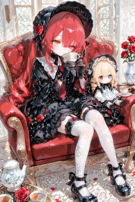 (ima_AI123,) Alive doll-girl, petite vintage cute porcelain articulated doll. Her body is made of white porcelain and joints of her limbs are doll-like hinges. There's a crack in her porcelain face. She has scarlet red kinky hair is styled in two ringlets ...