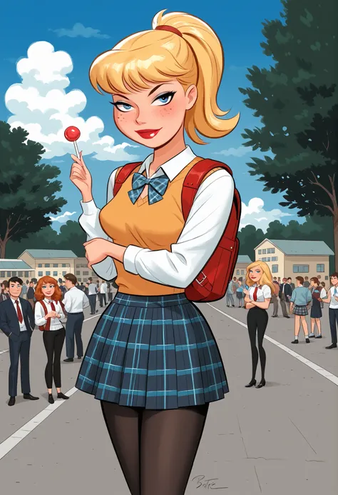Kara Zorel masterpiece, best quality, sleeves, absurd, solo focus, cowboy photo, blonde hair, bangs, ponytail, blue eyes, freckles, makeup, lipstick, school uniform, plaid skirt, tights, backpack, holding lollipop, arm under breasts, closed mouth, ironic s...