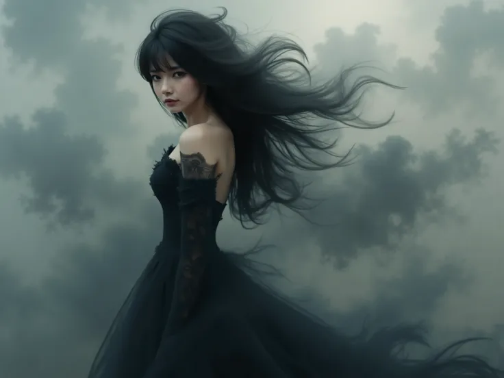  In a surreal, hyper-realistic style , ， yet surreal depiction of a mysterious Asian woman ous ,   Her flowing hair seems to move in an ethereal breeze . when she was wearing a fitted,   An elegant black dress with a long skirt， Blending in with shadowy sw...