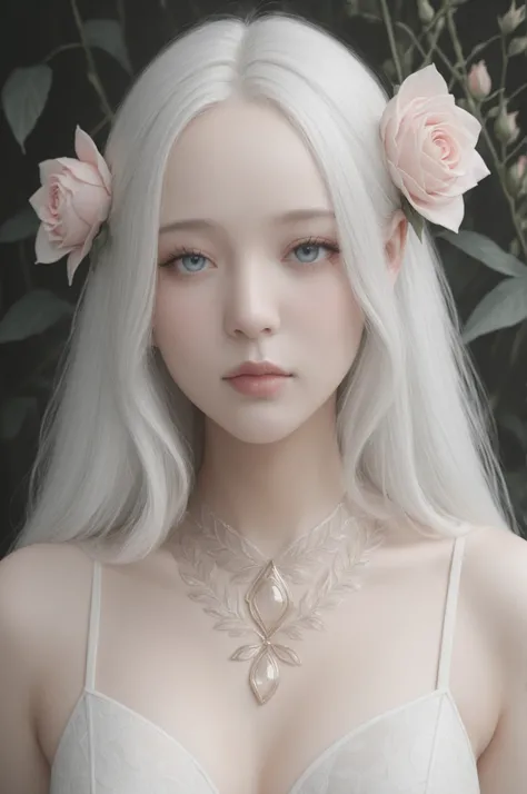 light-skinned, ethereal elf girl with long, flowing, white hair, wearing a delicate pink and rose-gold adornment in her hair and around her neck. Focus on soft, pastel, and muted colors with a light, whimsical style and detailed, realistic facial features,...