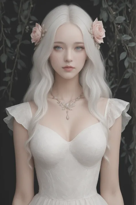 light-skinned, ethereal elf girl with long, flowing, white hair, wearing a delicate pink and rose-gold adornment in her hair and around her neck. Focus on soft, pastel, and muted colors with a light, whimsical style and detailed, realistic facial features,...