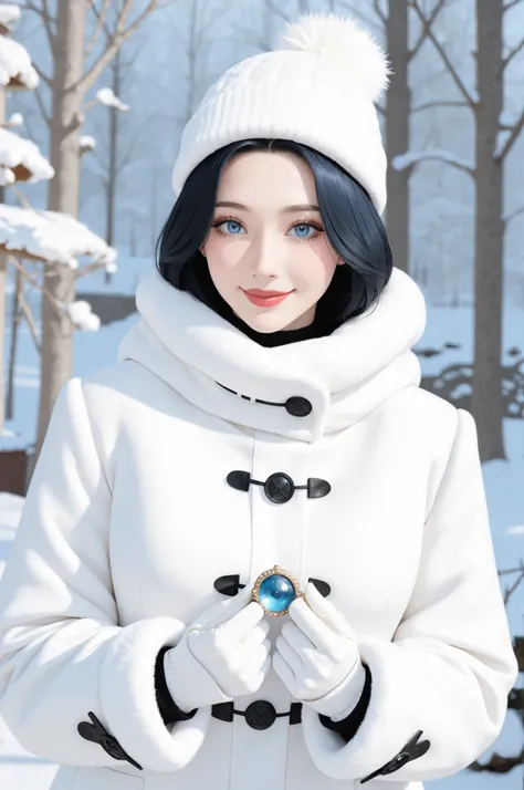  masterpiece, best quality,Gothic woman, wiccan, winter background, She is wearing a white fur coat, fashionable white turtle neck sweater, white gloves, ornate winter hat, long white hair, gorgeous blue eyes, pouty red lips, cute button nose, smile, volum...
