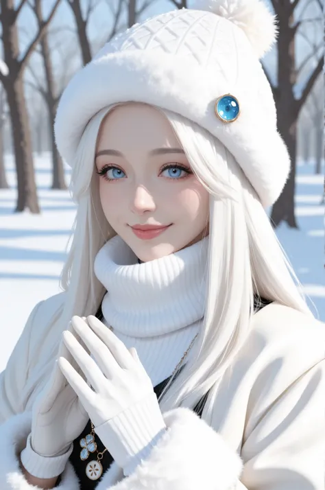  masterpiece, best quality,Gothic woman, wiccan, winter background, She is wearing a white fur coat, fashionable white turtle neck sweater, white gloves, ornate winter hat, long white hair, gorgeous blue eyes, pouty red lips, cute button nose, smile, volum...