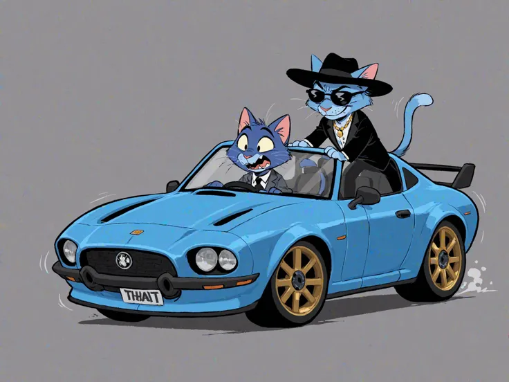 Blue cat with black hat and sunglasses written on it that says SWAG driving a blue sports car,gold necklace
masterpieces, Highest Quality, Great Quality, 
cute, Suit、simple background、
