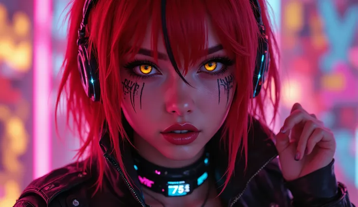 cyberpunk girl portrait, close-up, fiery red hair with black streaks, glowing yellow eyes, detailed face paint, neon graffiti background, futuristic headphones, cyberpunk leather jacket, glowing choker with digital screen, photorealistic skin texture, ultr...