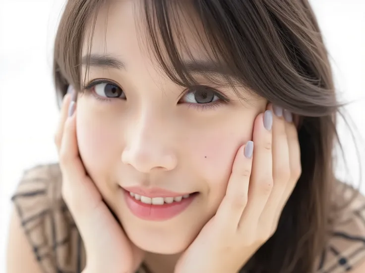 (Refined from an old photo, recreated in a modern, ultra high-quality photorealistic style, with a trendy Reiwa-era hairstyle: soft semi-long hair with natural waves and airy see-through bangs),
Ultra photorealistic close-up portrait of a beautiful Japane...
