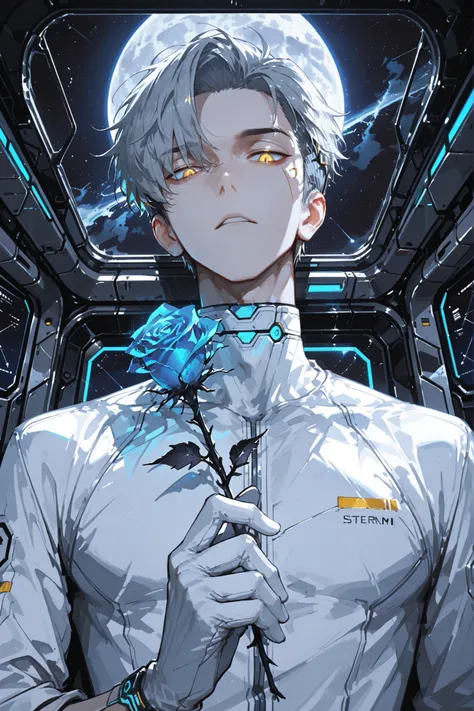 masterpiece, best quality, ultra-detailed, high resolution, anime style illustration,
handsome young man, 28 years old, sharp and elegant, spiky short gray hair, two-block haircut with shaved sides, bangs lifted upward, forehead fully visible,
golden s...
