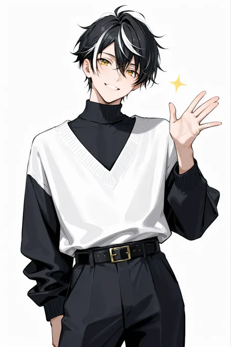 (masterpiece、Highest Quality、high resolution、white background)Cowboy Shots、solo shot、30 years old、 male、 youth、Adult、black short hair、 streaked hair、soft hair、with golden eyes、Gentle smile、black turtleneck、White V neck sweater、belt、pants、waving