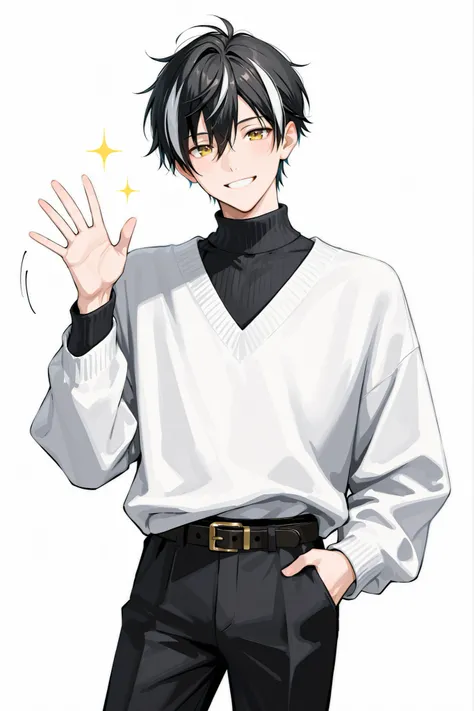 (masterpiece、Highest Quality、high resolution、white background)Cowboy Shots、solo shot、30 years old、 male、 youth、Adult、black short hair、 streaked hair、soft hair、with golden eyes、Gentle smile、black turtleneck、White V neck sweater、belt、pants、waving