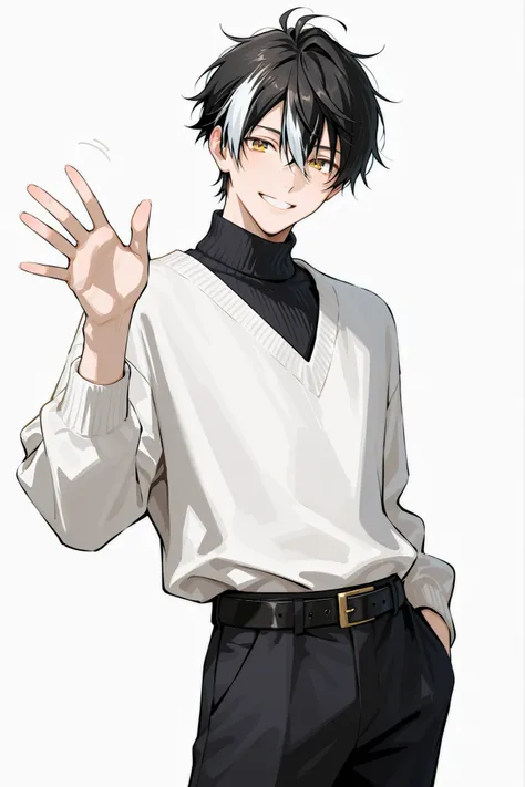 (masterpiece、Highest Quality、high resolution、white background)Cowboy Shots、solo shot、30 years old、 male、 youth、Adult、black short hair、 streaked hair、soft hair、with golden eyes、Gentle smile、black turtleneck、White V neck sweater、belt、pants、waving