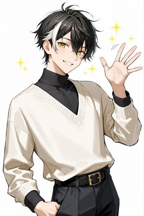 (masterpiece、Highest Quality、high resolution、white background)Cowboy Shots、solo shot、30 years old、 male、 youth、Adult、black short hair、 streaked hair、soft hair、with golden eyes、Gentle smile、black turtleneck、White V neck sweater、belt、pants、waving