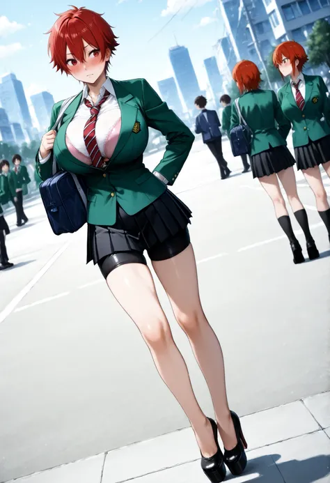 score_9, score_8_up, score_7_up, source_anime,tomo aizawa, short hair, red eyes, hair between eyes, red hair,Fake breasts,huge Breasts、 tomboy、blush

skirt, shirt, uniform, jacket, white shirt, sexy sport bra under shirt, pleated skirt, tie,  striped , bla...
