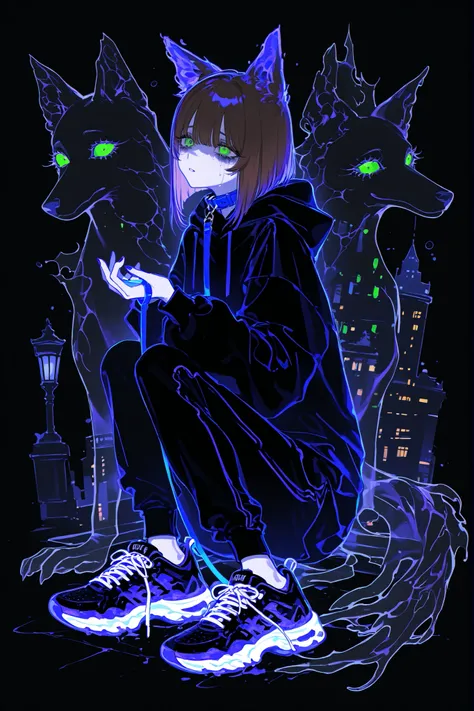 (xxx667_illu,) The lady with the dog. A sad crying girl with pale skin. She has green eyes and bruises under her eyes, a tear-stained face.  She has short black-brown hair with a wolfcut. She is wearing a black hoodie with ears. She's wearing black sweatpa...