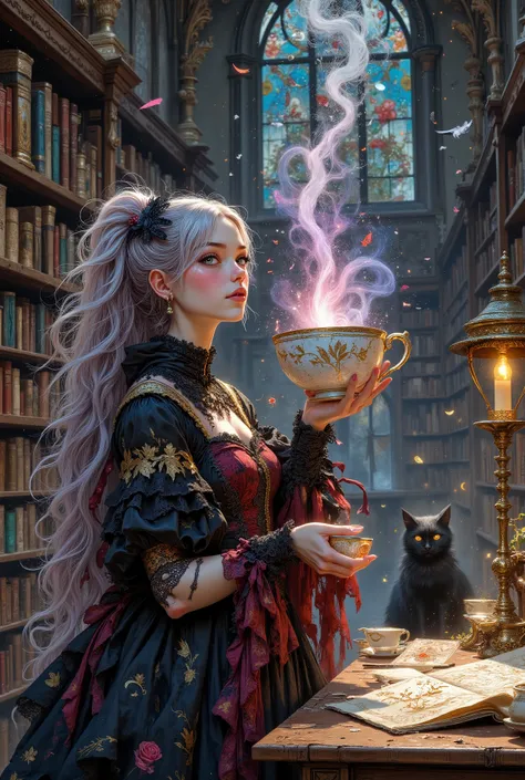 masterpiece, best quality, ultra-detailed, 8k, cinematic lighting, atmospheric
Subject: A petite Tea Cup Witch with pale skin and large, hypnotic amethyst eyes in a detailed gothic lolita dress (black and burgundy, lace, ruffles, golden tea leaf patterns)...