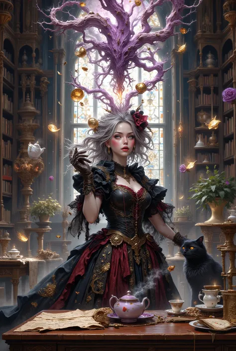 masterpiece, best quality, ultra-detailed, 8k, cinematic lighting, atmospheric
Subject: A petite Tea Cup Witch with pale skin and large, hypnotic amethyst eyes in a detailed gothic lolita dress (black and burgundy, lace, ruffles, golden tea leaf patterns)...