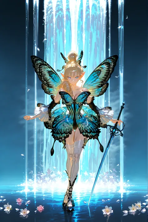 (butterfly leotard, narrow waist,) Faèrie princess. She has dexterous athletic physique of ballerina, long flexible thin six-fingered limbs. She has eight mother-of-pearl multicolored dragonfly wings. She has pale ivory skin and long pointy elf ears. Her ...