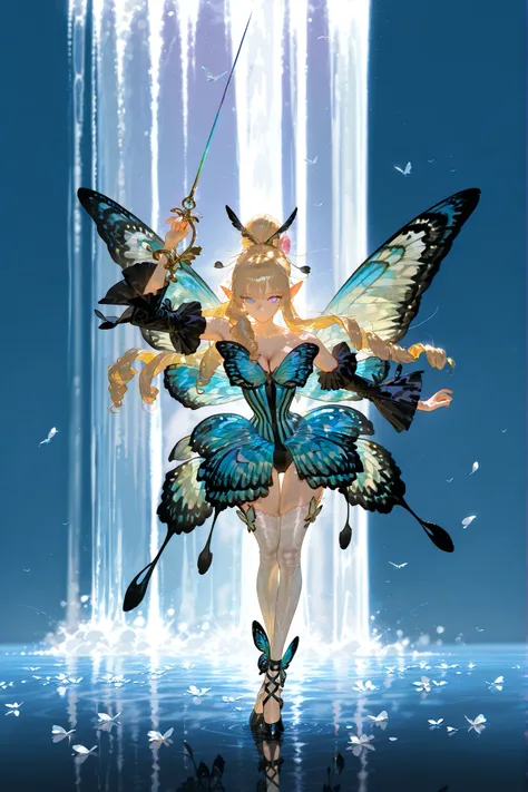 (butterfly leotard, narrow waist,) Faèrie princess. She has dexterous athletic physique of ballerina, long flexible thin six-fingered limbs. She has eight mother-of-pearl multicolored dragonfly wings. She has pale ivory skin and long pointy elf ears. Her ...
