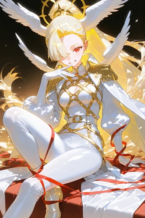 (feathered head wings, white head wings, gold head wings,) The magic girl,postwoman. She has an athletic build, peach colored skin covered with freckles and blush. She has fluffy blonde longest hair dyed in yellow, pulled back in a high ponytail,she has ba...