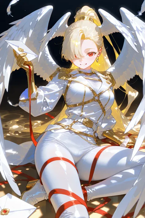 (feathered head wings, white head wings, gold head wings,) The magic girl,postwoman. She has an athletic build, peach colored skin covered with freckles and blush. She has fluffy blonde longest hair dyed in yellow, pulled back in a high ponytail,she has ba...