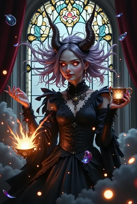 masterpiece, best quality, ultra-detailed, 8k, dynamic action, explosive motion, cinematic lighting, particle effects, fantasy anime Subject: A Tea Cup Witch with pale skin and glowing amethyst eyes caught in a dynamic spin. Her gothic lolita dress (black/...