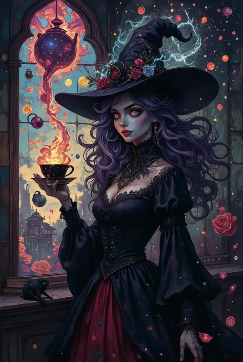 masterpiece, best quality, ultra-detailed, 8k, dynamic action, explosive motion, cinematic lighting, particle effects, fantasy anime Subject: A Tea Cup Witch with pale skin and glowing amethyst eyes caught in a dynamic spin. Her gothic lolita dress (black/...