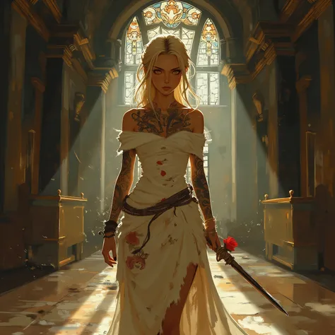 Stylized digital painting, rebellious 18 years young blonde noblewoman in a grand imperial palace at midnight, torn white tight dress with exposed shoulders, disheveled blonde hair with a single blood-red rose, standing defiantly on a marble floor, moonlig...