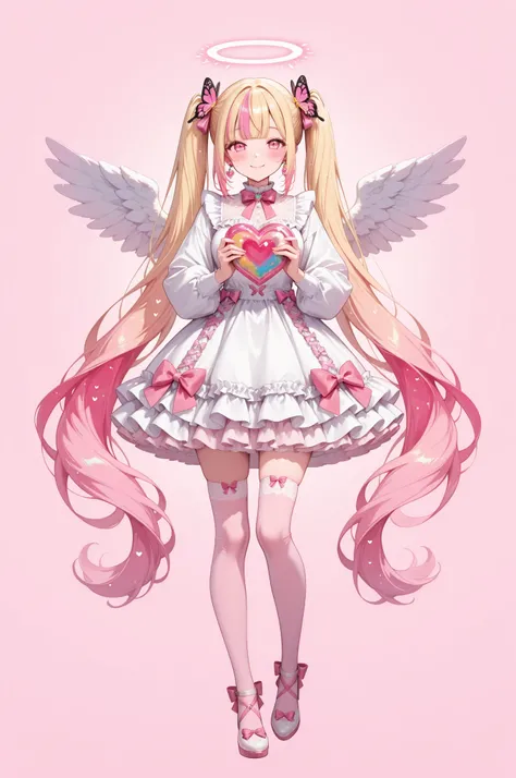 1girl, solo, long hair, looking at viewer, blush, smile, bangs, blonde hair, simple background, hair ornament, thighhighs, simple background, dress, bow, holding, twintails, jewelry, very long hair, closed mouth, full body, colorful hair,heart, multicolor...