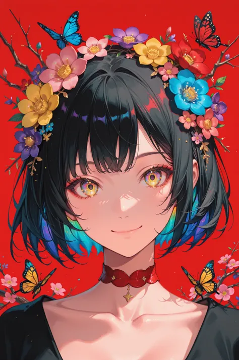 1girl, solo, flower, portrait, looking at viewer, smile, short hair, multicolored eyes, colorful, red flower, blue flower, black hair, choker, closed mouth, red choker, hair flower, red background, bug, hair ornament, butterfly, pink flower, branch, yellow...