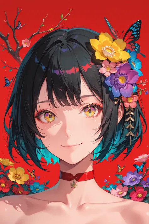 1girl, solo, flower, portrait, looking at viewer, smile, short hair, multicolored eyes, colorful, red flower, blue flower, black hair, choker, closed mouth, red choker, hair flower, red background, bug, hair ornament, butterfly, pink flower, branch, yellow...