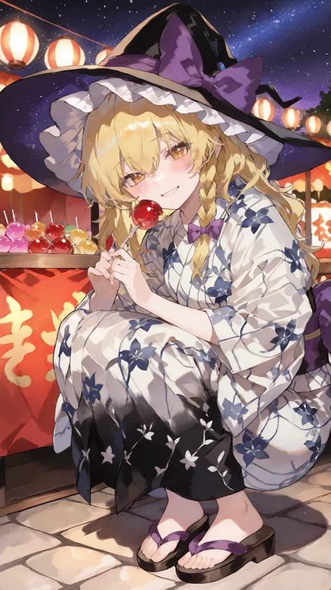 Quality(masterpiece、最高Quality、high resolution、beautiful faces down to the smallest detail、anatomically accurate、detailed description)、Touhou Project,Marisa,Kirisame Marisa、Witch Hat 、Dynamic Perspective、mischievous smile、is wearing a starry sky patterned y...