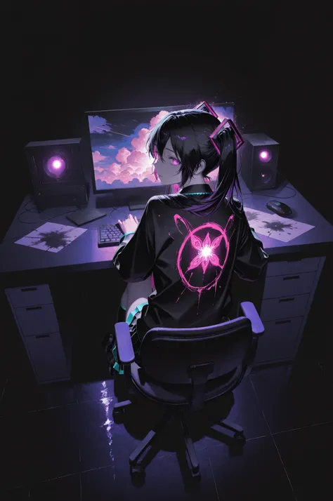 masterpiece,best quality,amazing quality,very aesthetic,absurdres,newest,impactful picture,official art,movie perspective,
(aos:0.5),(fajyobore:0.5),(chiaroscuro:0.5),,from_above,
1girl, magical light, eyes glow seductively,,black_hair,purple_eyes,computer...