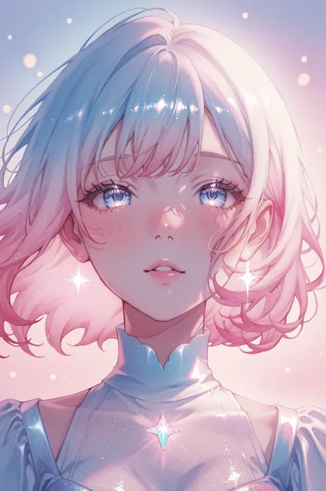 1girl,,edgy lighting, neon tint, watercolor style,dreamy and fantastical atmosphere, soft pastel tones, soft bokeh, glitter dust, large glossy eyes, multi-toned irises, soft blush, dewy iridescent skin, softly parted glossy lips, cinematic portrait, delica...