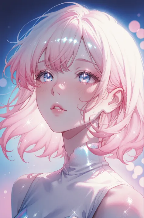 1girl,,edgy lighting, neon tint, watercolor style,dreamy and fantastical atmosphere, soft pastel tones, soft bokeh, glitter dust, large glossy eyes, multi-toned irises, soft blush, dewy iridescent skin, softly parted glossy lips, cinematic portrait, delica...