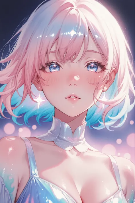 1girl,,edgy lighting, neon tint, watercolor style,dreamy and fantastical atmosphere, soft pastel tones, soft bokeh, glitter dust, large glossy eyes, multi-toned irises, soft blush, dewy iridescent skin, softly parted glossy lips, cinematic portrait, delica...