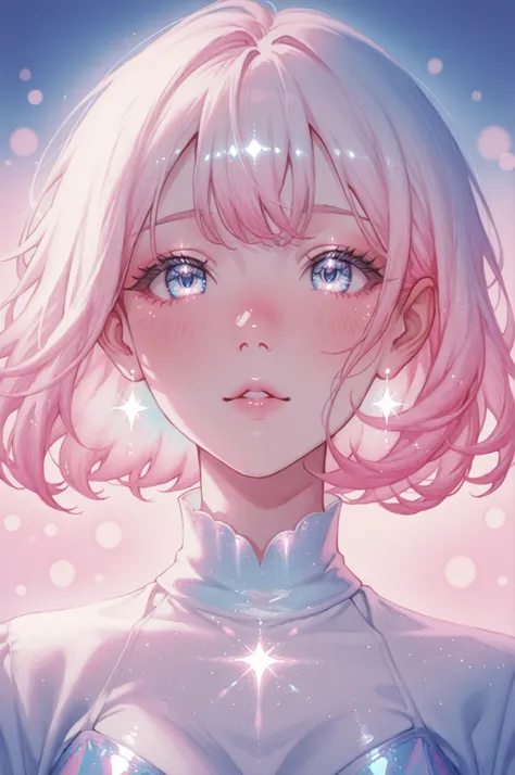 1girl,,edgy lighting, neon tint, watercolor style,dreamy and fantastical atmosphere, soft pastel tones, soft bokeh, glitter dust, large glossy eyes, multi-toned irises, soft blush, dewy iridescent skin, softly parted glossy lips, cinematic portrait, delica...