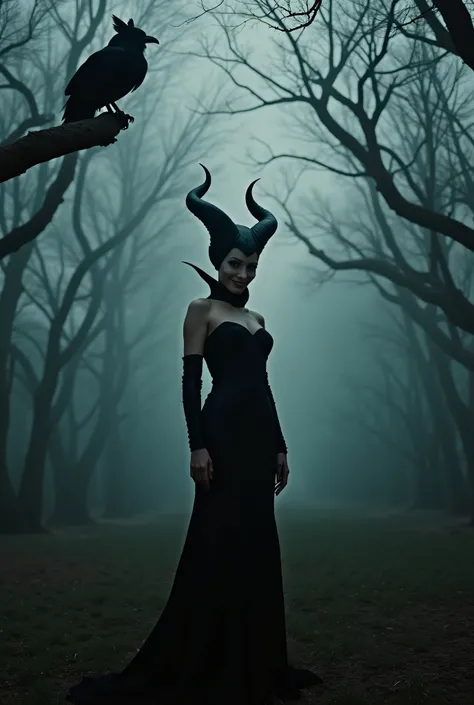 m4lefic3n7, 1 girl, solo, (masterpiece:1.0), (best quality:1.2) Full body view, the girl is standing in elegant pose, the girl is in a dense forest, evening, fog, ominous atmosphere, the girl looks directly at the viewer, the girl is grinning, her piercing...