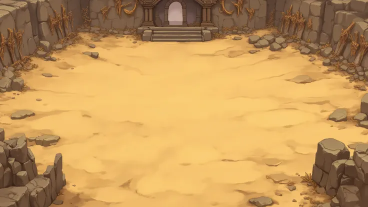 SIDE VIEW, ((ratatatat74)), Quality_masterpiece, (highest quality, best quality), 2D view of a medieval combat arena, digital 2D illustration in 16:9. Slightly angled top-down perspective showing a sandy battleground with textured beige surface, small rock...