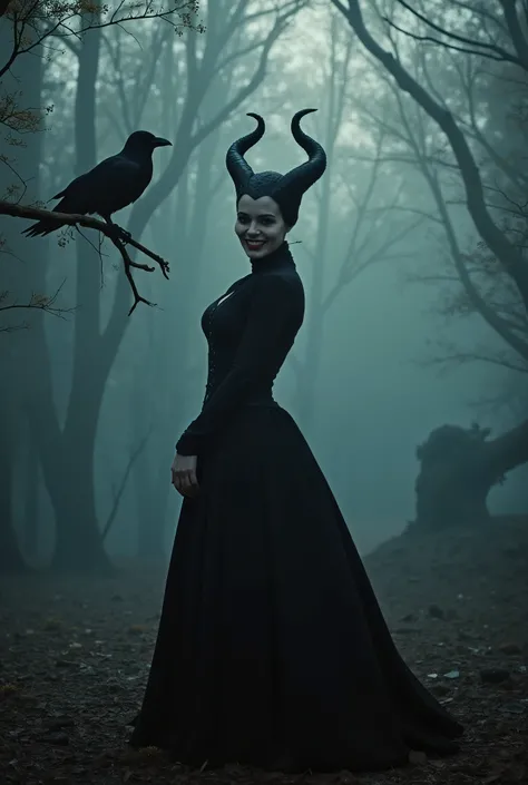 m4lefic3n7, 1 girl, solo, (masterpiece:1.0), (best quality:1.2), upper body view, the girl is standing in elegant pose, the girl is in a dense forest, evening, fog, ominous atmosphere, the girl looks directly at the viewer, the girl is grinning, her pierci...