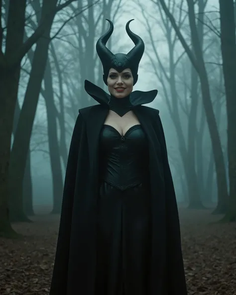 m4lefic3n7, 1 girl, solo, (masterpiece:1.0), (best quality:1.2) portrait, the girl is standing in elegant pose, the girl is in a dense forest, evening, fog, ominous atmosphere, the girl looks directly at the viewer, the girl is grinning, her piercing gaze ...