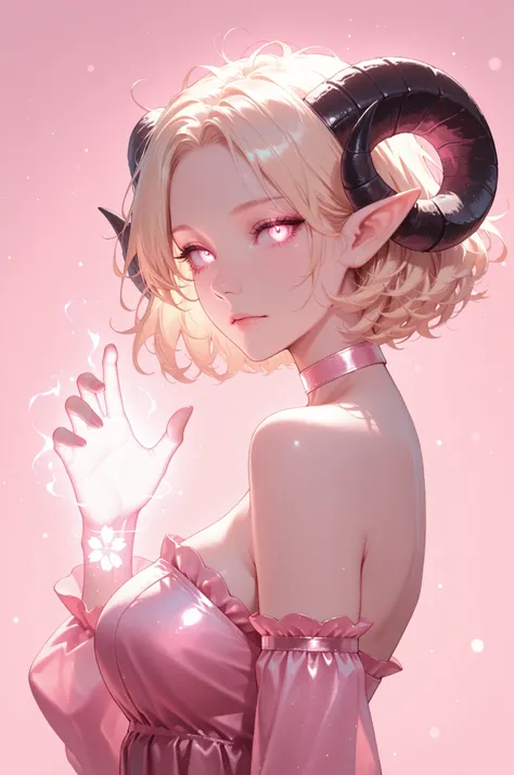 1girl, horns, solo, short hair, pointy ears, looking at viewer, blonde hair/pink at bottom hair, bare shoulders, upper body, sheep horns, , pink holographic eyes, dress, choker, curled horns, messy hair, detached sleeves, pink dress, nose, from side, ,saku...