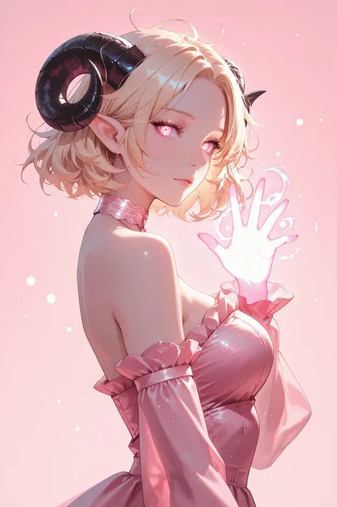 1girl, horns, solo, short hair, pointy ears, looking at viewer, blonde hair/pink at bottom hair, bare shoulders, upper body, sheep horns, , pink holographic eyes, dress, choker, curled horns, messy hair, detached sleeves, pink dress, nose, from side, ,saku...