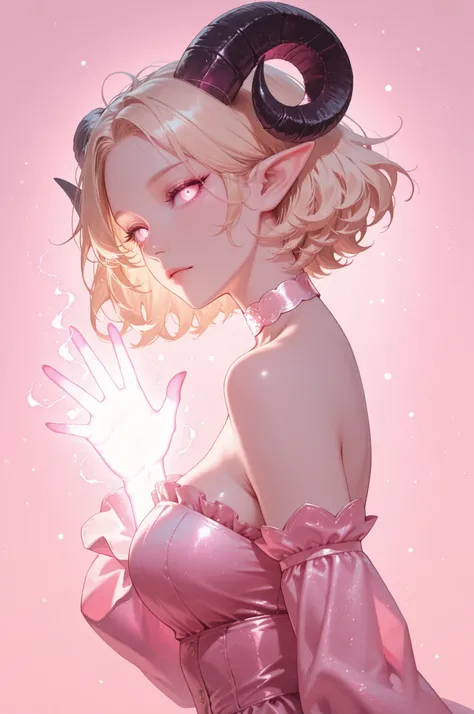 1girl, horns, solo, short hair, pointy ears, looking at viewer, blonde hair/pink at bottom hair, bare shoulders, upper body, sheep horns, , pink holographic eyes, dress, choker, curled horns, messy hair, detached sleeves, pink dress, nose, from side, ,saku...