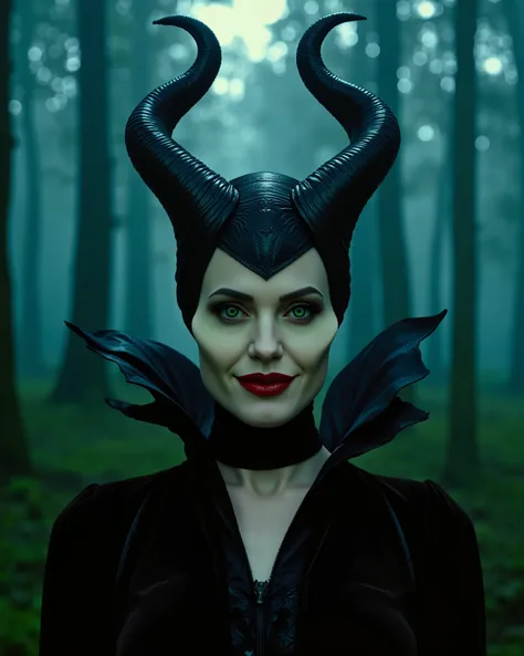 m4lefic3n7, 1 girl, solo, (masterpiece:1.0), (best quality:1.2) a mesmerizing portrait of Maleficent, green realistic eyes, the girl is in a dense forest, evening, fog, ominous atmosphere, the girl looks directly at the viewer, the girl is grinning, her pi...