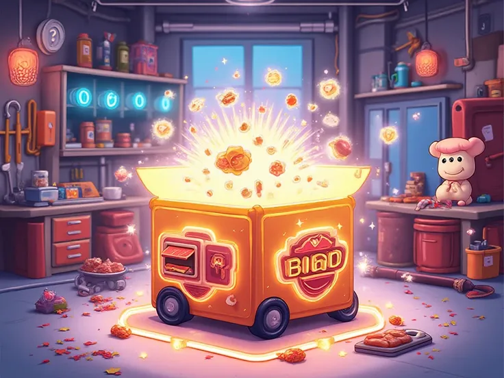 A colorful chibi-style garage interior with glowing neon lights and cartoon tools in the background.  
At the center stands a big cute mystery loot box, decorated with food icons (burger, coffee, taco, sweets).  
The box glows with magical sparkles, confet...
