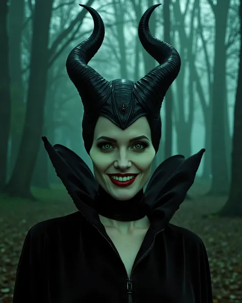 m4lefic3n7, 1 girl, solo, (masterpiece:1.0), (best quality:1.2) a mesmerizing portrait of Maleficent, green realistic eyes, the girl is in a dense forest, evening, fog, ominous atmosphere, the girl looks directly at the viewer, the girl is grinning, her pi...