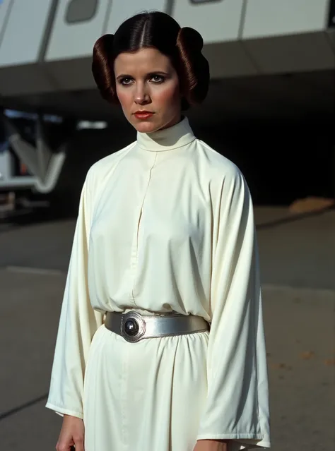 p3r1n, Carrie Fisher, to8contrast style, Carrie Fisher as Princess Leia in the Star Wars movie, (шедевр, наилучшее качество:1.2), 1 girl, solo, raw photo, realistic, detailed, Princess Leia - a white woman,  The girl's hairstyle consists of dark brown hair...