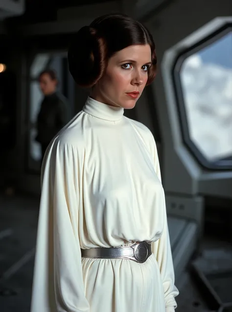 p3r1n, Carrie Fisher, to8contrast style, Carrie Fisher as Princess Leia in the Star Wars movie, (шедевр, наилучшее качество:1.2), 1 girl, solo, raw photo, realistic, detailed, Princess Leia - a white woman,  The girl's hairstyle consists of dark brown hair...