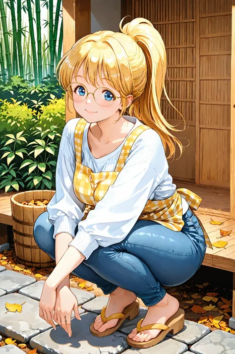 A cozy autumn home garden, crouching and facing forward, Sensei Luna, very long yellow ponytail, detailed blue eyes, perfectly round metal-framed glasses, smiling happily, white three-quarter sleeve shirt with ribbed cuffs, yellow checkered apron tied at t...