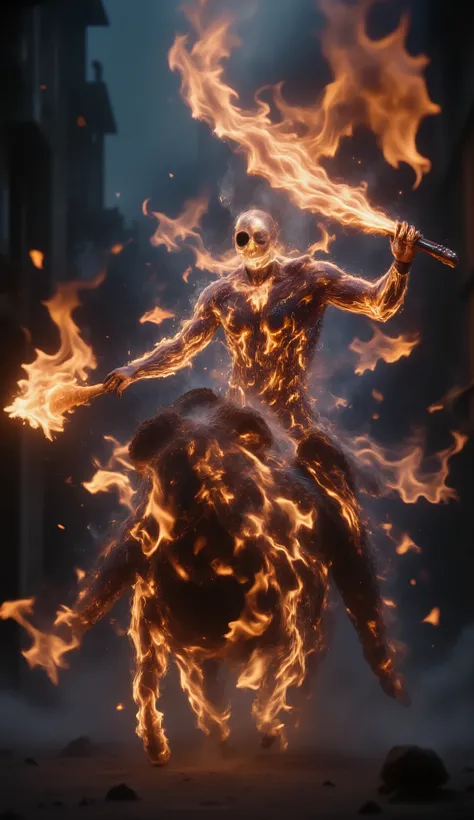 Medieval Ghost Rider, topless warrior engulfed in fire, muscular and scarred chest glowing with embers, skeletal flaming skull instead of head, riding a demonic medieval horse covered in chains and molten armor, blazing whip in hand, dark gothic battlefiel...