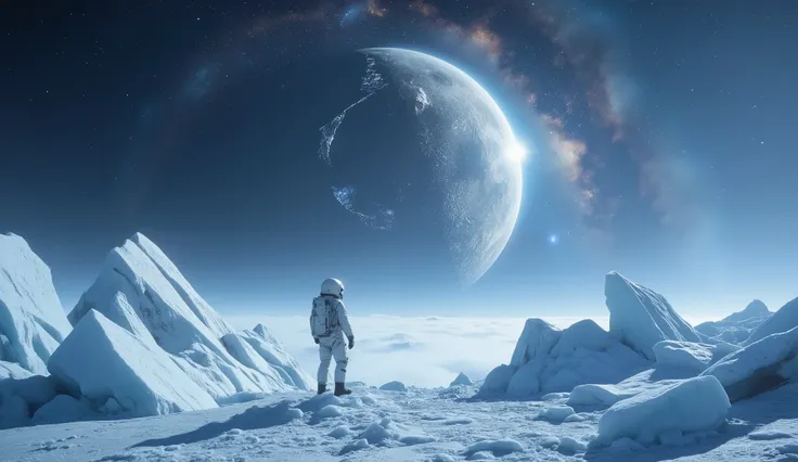 An astronaut stands on the frozen surface of an exoplanet, gazing up at a shattered moon suspended in the sky. Jagged ice formations surround the figure, illuminated by the pale light of a distant blue sun. Above, a swirling galaxy dominates the sky, casti...